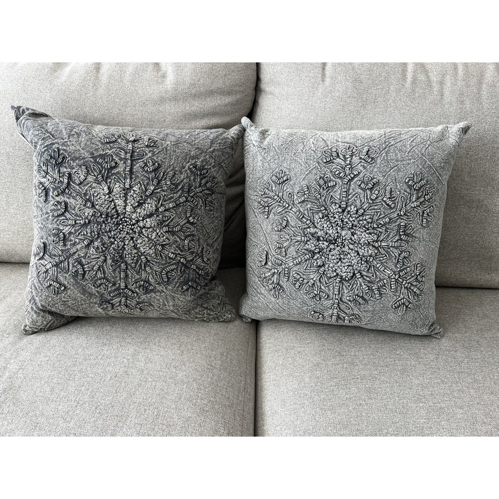 Bella Lux Pillow Case Cover Crewel Embroidered Snowflake Gray Down Pillow (2)